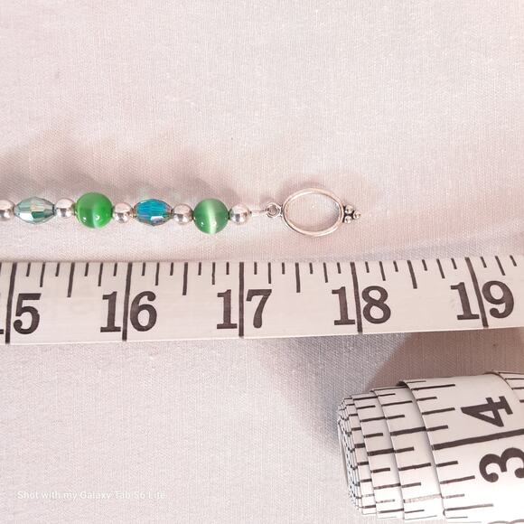 Sparkly Beaded Choker Necklace Green Tigers Eye Silver Tone Spacers With Toggle - Picture 6 of 7